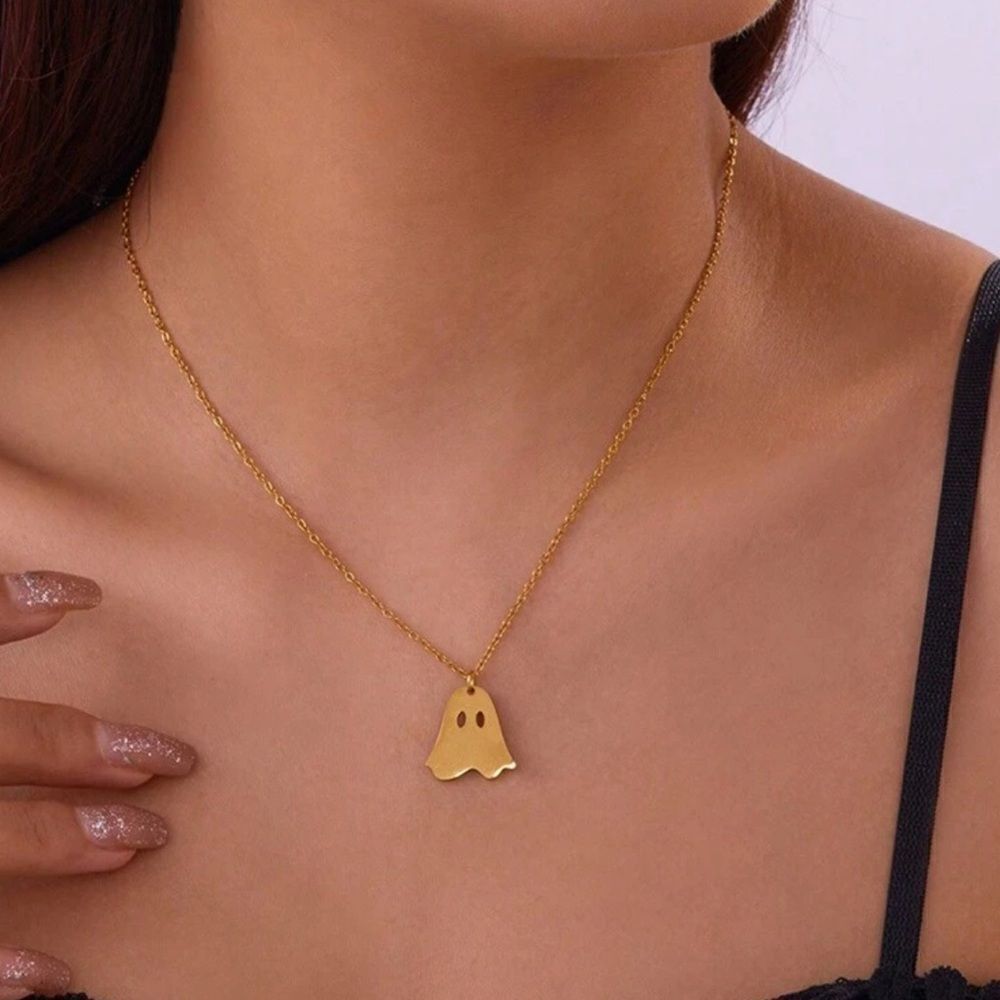Goth, Halloween Ghost Necklace, Gold tone, Stainless steel, Minimalist,